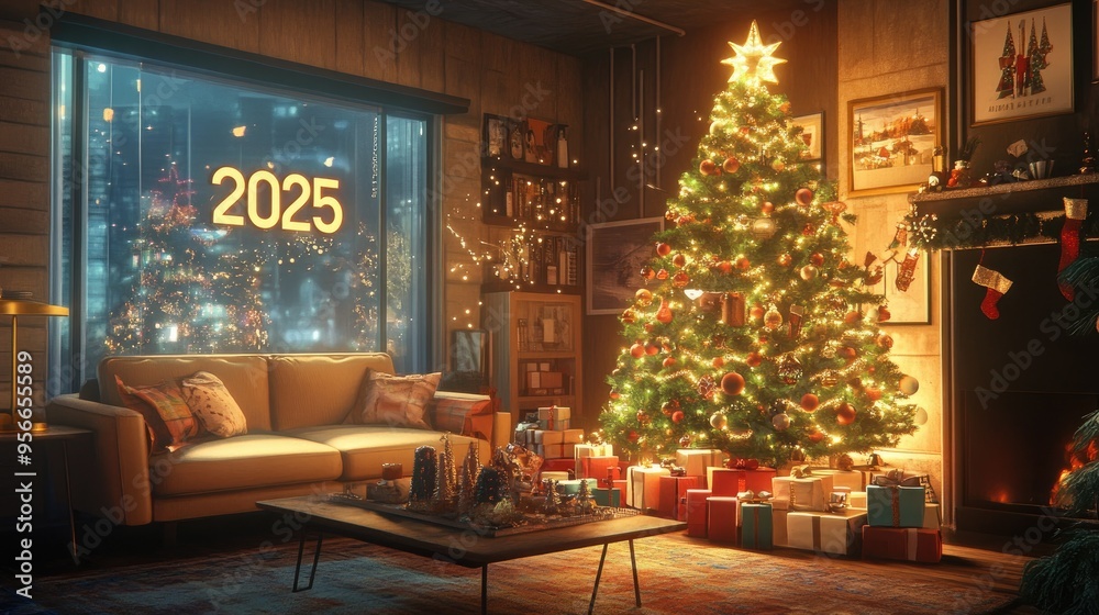 Cozy living room with a beautifully decorated Christmas tree, gifts under it, and Cozy living room with a beautifully decorated Christmas tree, gifts under it, and
