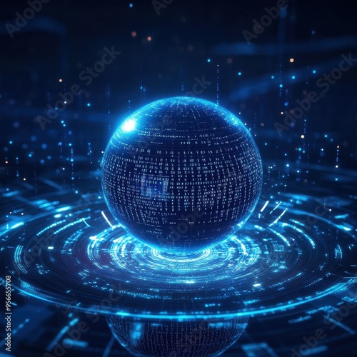 Abstract Futuristic Blue Globe with Digital Code and Glowing Lines - Technology Background