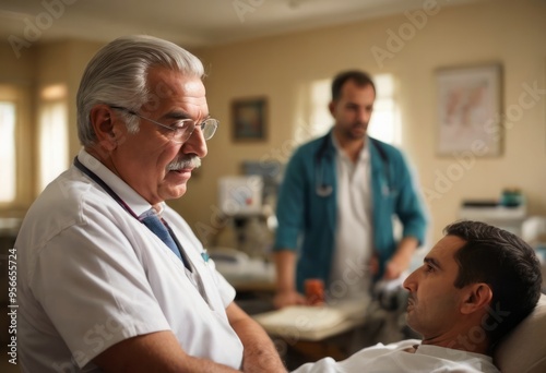 Two doctors consulting with a patient in a hospital, discussing treatment options and medical care.