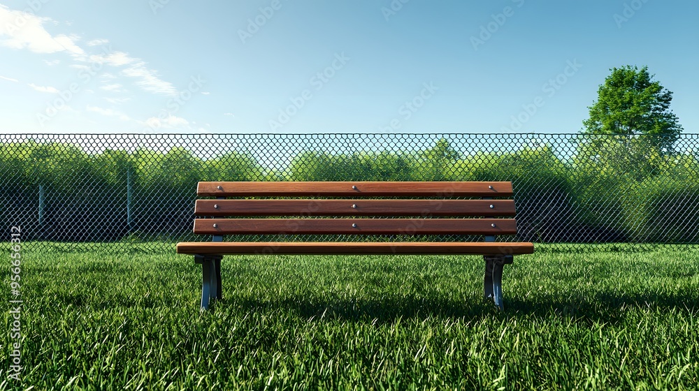 Wooden bench against chain-link fence, lush green grass field, sunny day, outdoor sports area, clear blue sky, trees in background, photorealistic, sharp focus. Wooden bench against chain-link fence, lush green grass field, sunny day, outdoor sports area, clear blue sky, trees in background, photorealistic, sharp focus.