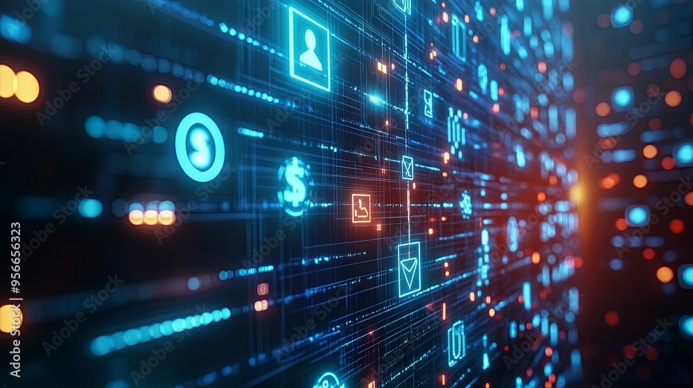 Abstract Digital Interface with Glowing Icons and Data Streams Abstract Digital Interface with Glowing Icons and Data Streams