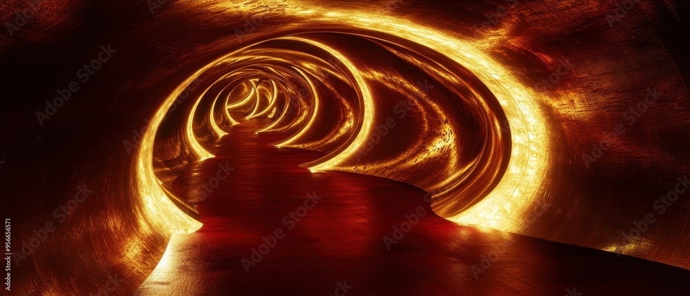 Fototapeta premium Abstract Glowing Tunnel - Red and Gold Interior Design.