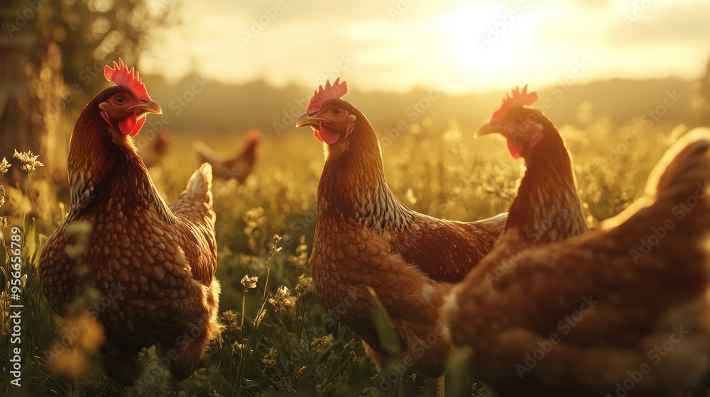 Fototapeta premium Hens in a Golden Sunset