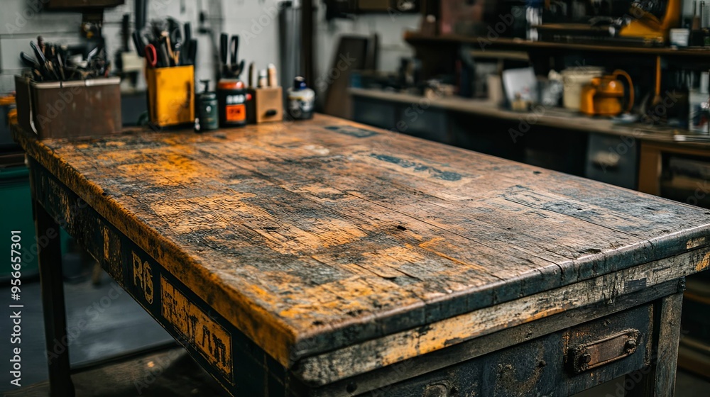 Weathered Wooden Workbench with Tools in Blurred Background Weathered Wooden Workbench with Tools in Blurred Background
