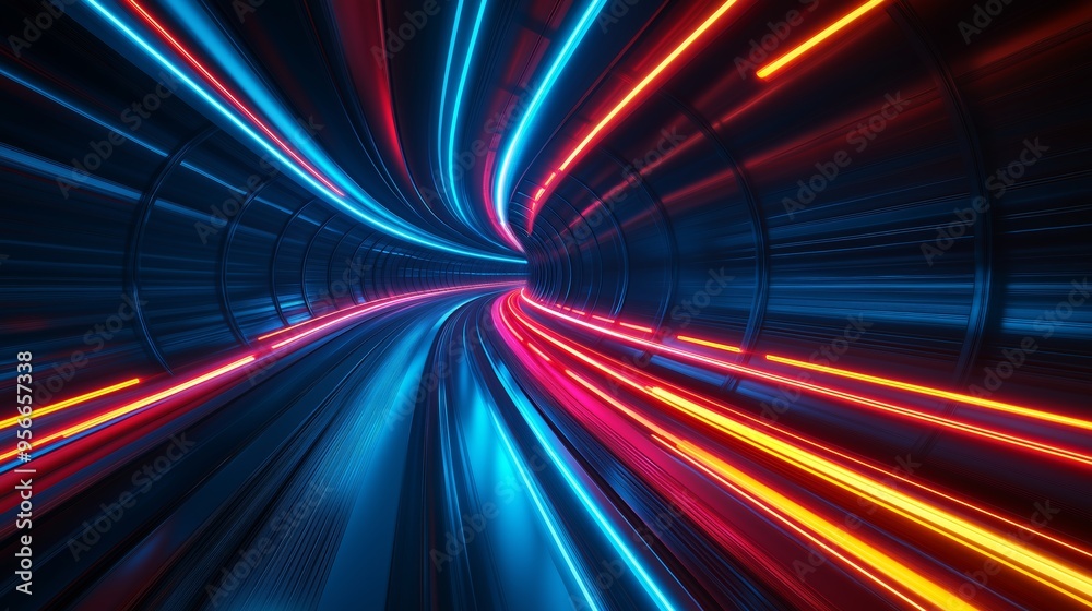 An abstract digital tunnel with vibrant neon lights in blue, red, and orange, illustrating high-speed data transfer An abstract digital tunnel with vibrant neon lights in blue, red, and orange, illustrating high-speed data transfer