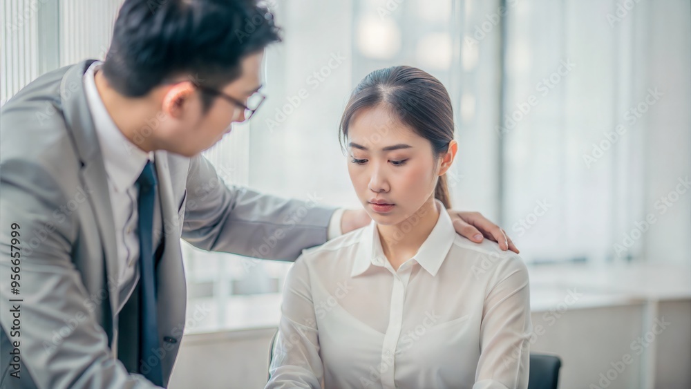 Blurred Asia workplace harassment scene, businessman's hand touch to woman shoulder at office Blurred Asia workplace harassment scene, businessman's hand touch to woman shoulder at office