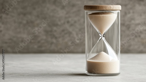 This image depicts an elegant clear glass hourglass with sand flowing through it, featuring a wooden top and bottom, placed against a minimalist gray background. photo