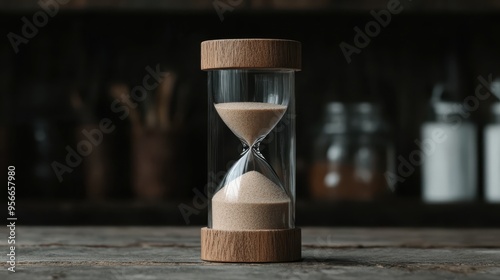 An image showing a classic hourglass with a wooden top and bottom, placed on a rustic textured table surface. It symbolizes the concept of time passing in a peaceful setting. photo