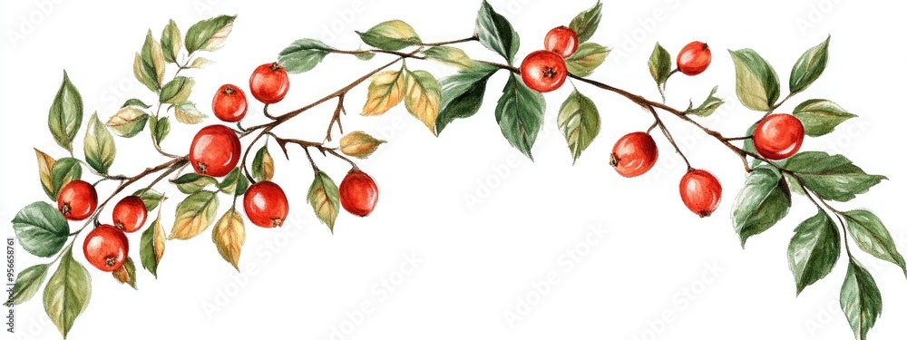 Wild rosehip branch featuring red briar fruits and green leaves set within a semicircular frame Hand drawn watercolor illustration suitable for labels logos and card templates Clipart isolated 3D Wild rosehip branch featuring red briar fruits and green leaves set within a semicircular frame Hand drawn watercolor illustration suitable for labels logos and card templates Clipart isolated 3D