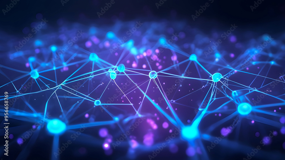 Abstract representation of a digital network with glowing nodes and connections on a dark background, illustrating technology trends and advancements Abstract representation of a digital network with glowing nodes and connections on a dark background, illustrating technology trends and advancements