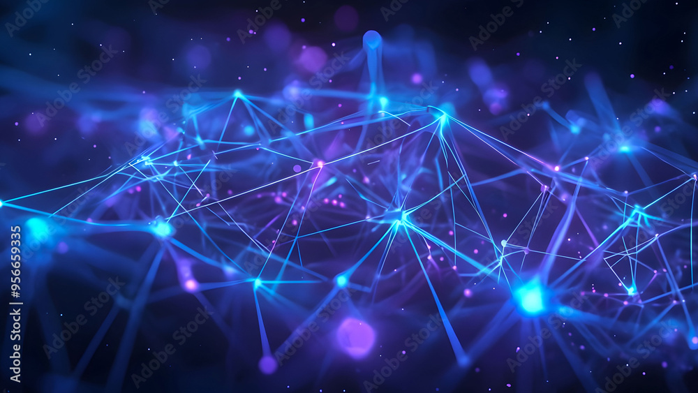 Abstract representation of a digital network with glowing nodes and connections on a dark background, illustrating technology trends and advancements Abstract representation of a digital network with glowing nodes and connections on a dark background, illustrating technology trends and advancements