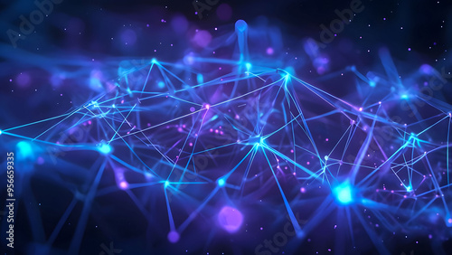 Abstract representation of a digital network with glowing nodes and connections on a dark background, illustrating technology trends and advancements