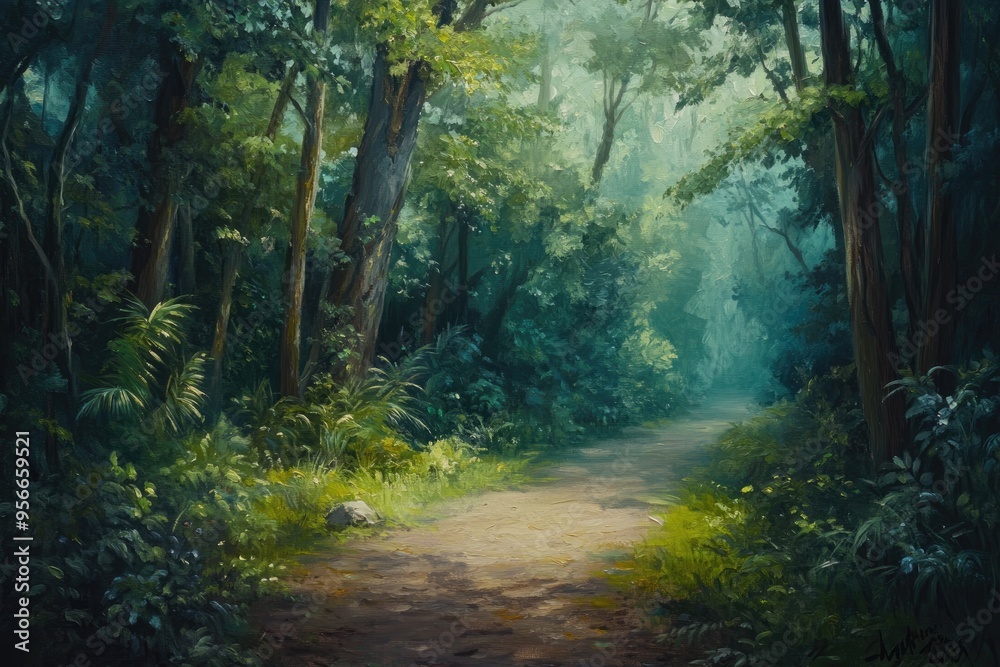 Oil painting capturing a serene moment during a tranquil stroll in a lush forest setting emphasizing calmness and harmony with nature Oil painting capturing a serene moment during a tranquil stroll in a lush forest setting emphasizing calmness and harmony with nature