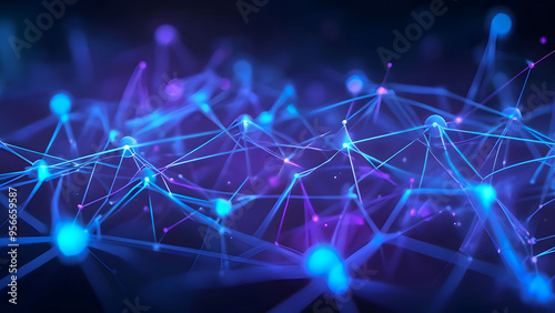 Abstract representation of a digital network with glowing nodes and connections on a dark background, illustrating technology trends and advancements