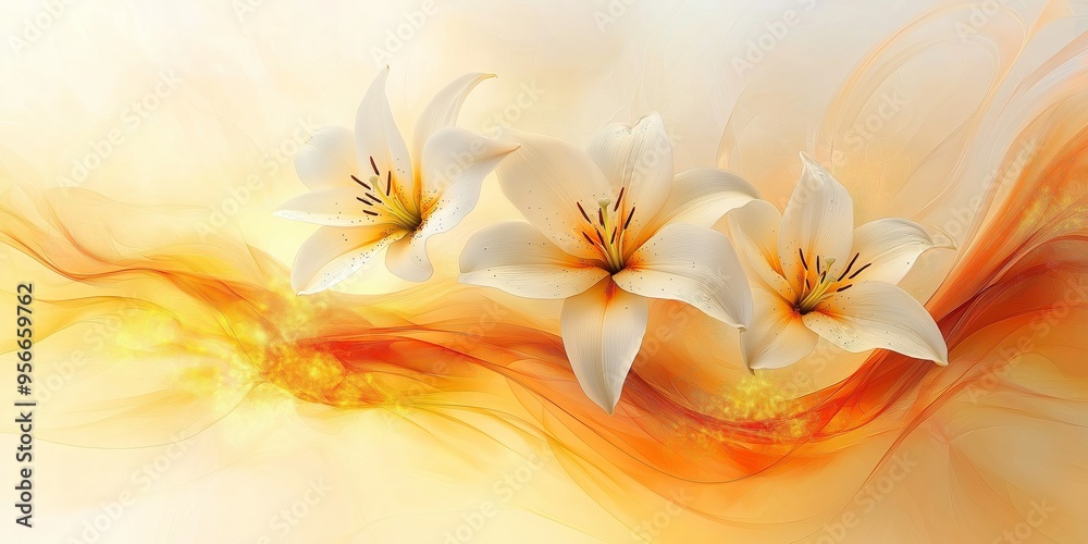 An abstract background featuring gentle swirls of light colors with white and yellow lilies, creating a serene atmosphere