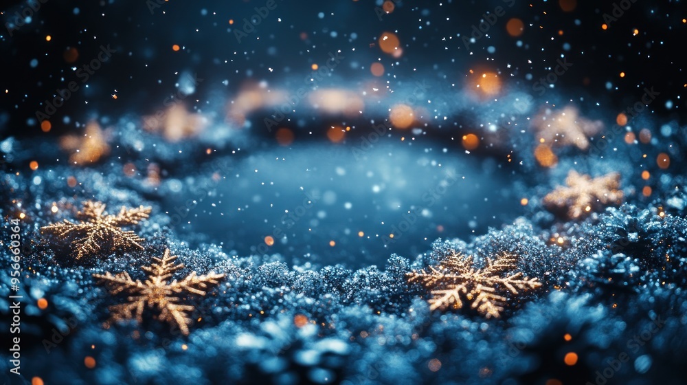 A Christmas night with a glowing circle frame for text. A Christmas night with a glowing circle frame for text.