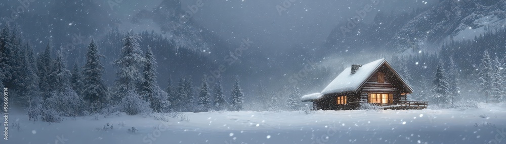 Snowstorm engulfing a mountain cabin, harsh weather, snowcovered surroundings Snowstorm engulfing a mountain cabin, harsh weather, snowcovered surroundings