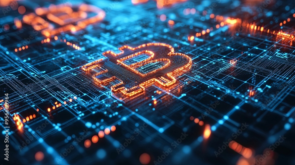 Glowing Bitcoin Symbol on a Digital Circuit Board Glowing Bitcoin Symbol on a Digital Circuit Board
