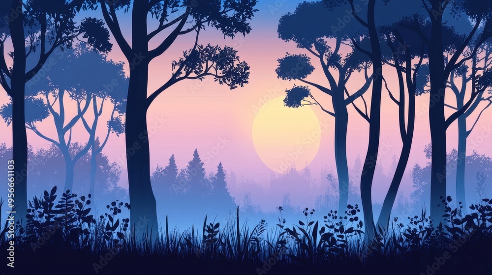 Obraz premium Silhouette of Forest Trees and Sun at Sunset, Blue and Pink Landscape Illustration