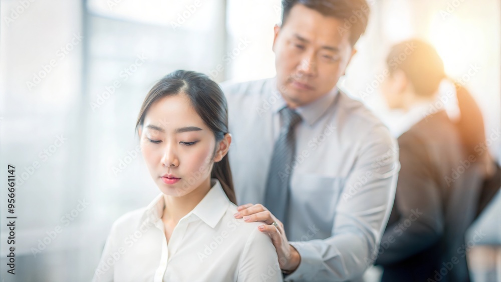 copy space Blurred, A scene showing a professional looking uncomfortable due to an unwelcome touch or close proximity from a colleague, highlighting inappropriate behavior in a private workplace room copy space Blurred, A scene showing a professional looking uncomfortable due to an unwelcome touch or close proximity from a colleague, highlighting inappropriate behavior in a private workplace room