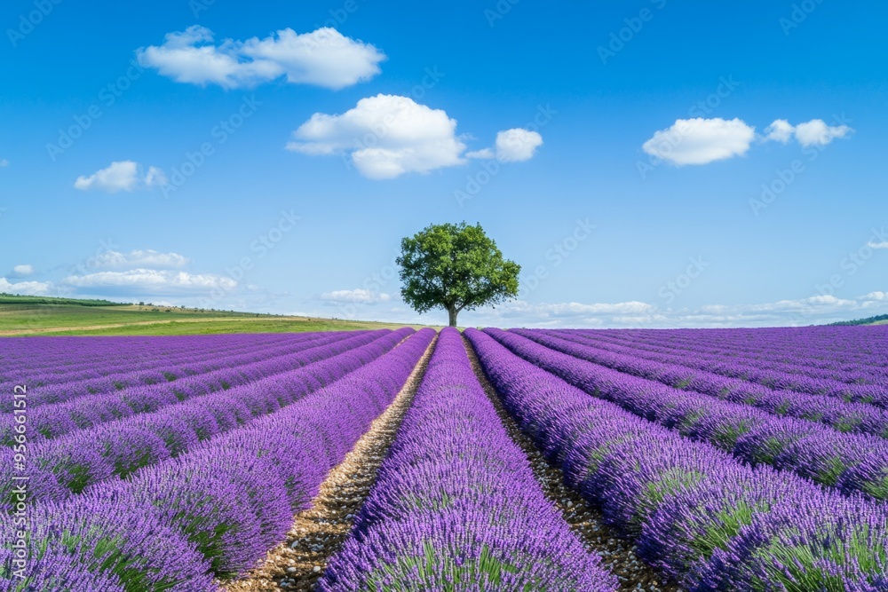 A serene lavender field stretches under a bright blue sky. A single green tree stands tall among the vibrant purple flowers. Perfect for landscapes and nature lovers. Generative AI A serene lavender field stretches under a bright blue sky. A single green tree stands tall among the vibrant purple flowers. Perfect for landscapes and nature lovers. Generative AI