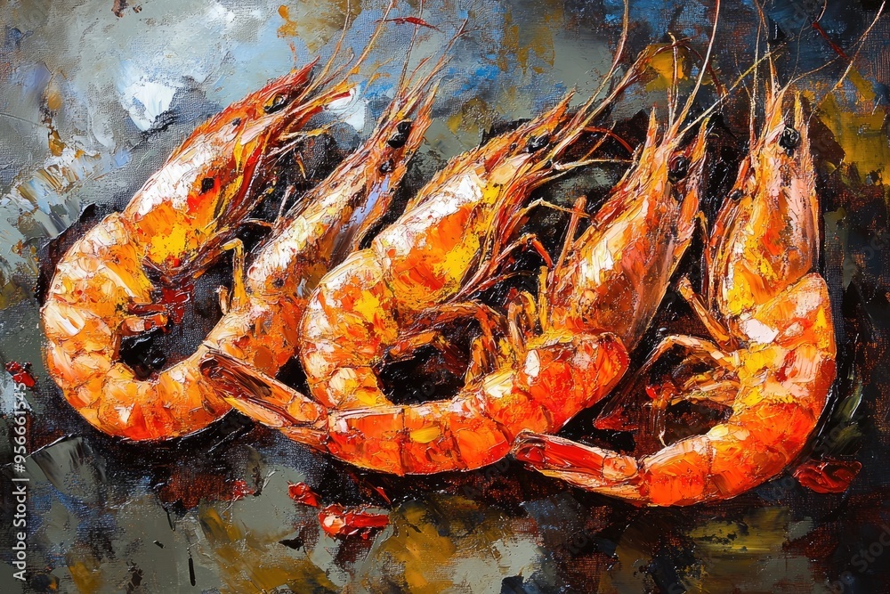 Oil painting depicting flavorful and crunchy fried king prawns showcasing their spicy essence and enticing appearance Oil painting depicting flavorful and crunchy fried king prawns showcasing their spicy essence and enticing appearance