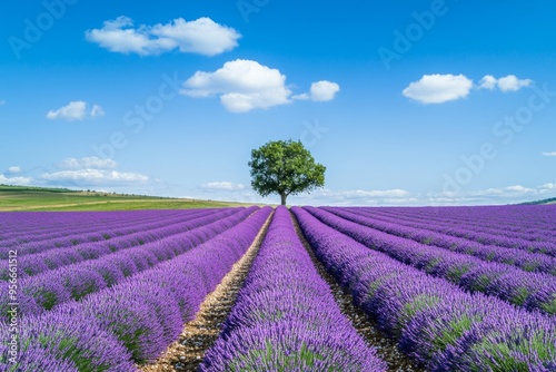 A serene lavender field stretches under a bright blue sky. A single green tree stands tall among the vibrant purple flowers. Perfect for landscapes and nature lovers. Generative AI