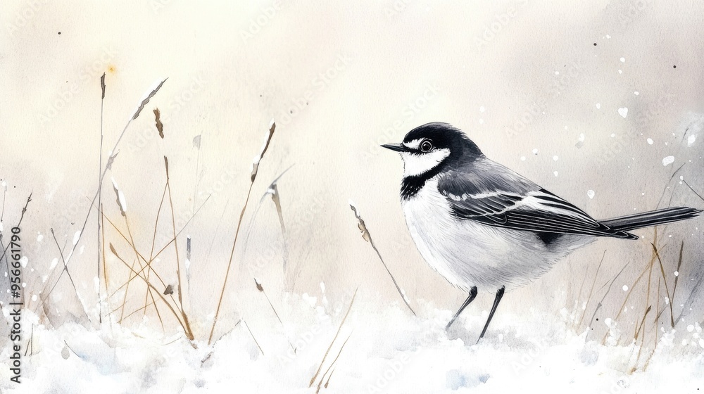 Obraz premium Watercolor illustration of an adult Pied Wagtail Motacilla alba yarrellii on frozen grassland in winter