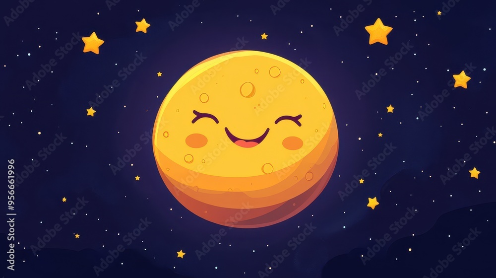 Smiling Moon with Stars in Night Sky - Cute Cartoon Illustration. Smiling Moon with Stars in Night Sky - Cute Cartoon Illustration.