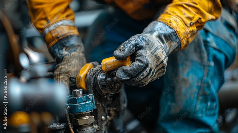 Close-up of a Worker's Hands Adjusting Machinery in a Dirty Industrial Setting Close-up of a Worker's Hands Adjusting Machinery in a Dirty Industrial Setting