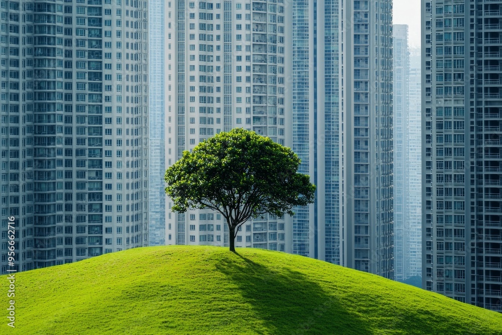 A lonely tree on a green hill surrounded by tall buildings A lonely tree on a green hill surrounded by tall buildings