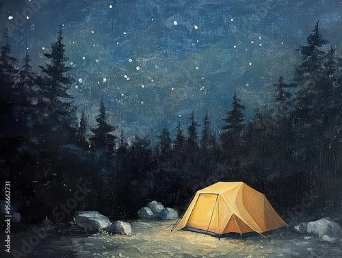 Oil painting depicting a tent beneath a starry night sky capturing the essence of outdoor camping photo