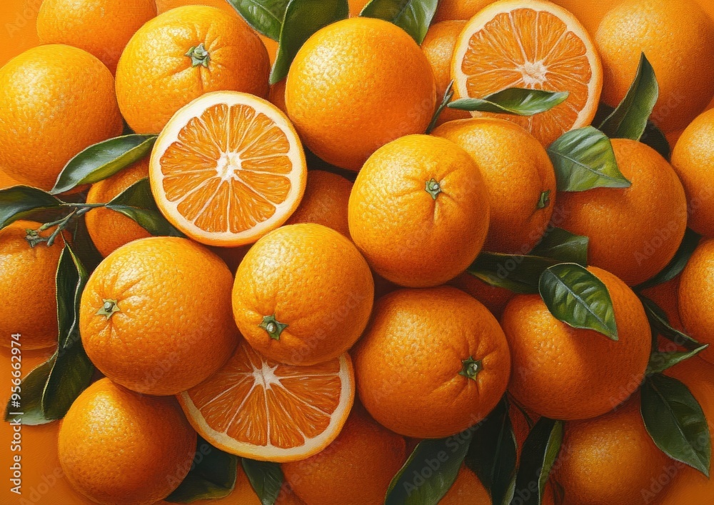 Oil painting showcasing a variety of healthy oranges set against a vibrant background of orange fruits Oil painting showcasing a variety of healthy oranges set against a vibrant background of orange fruits