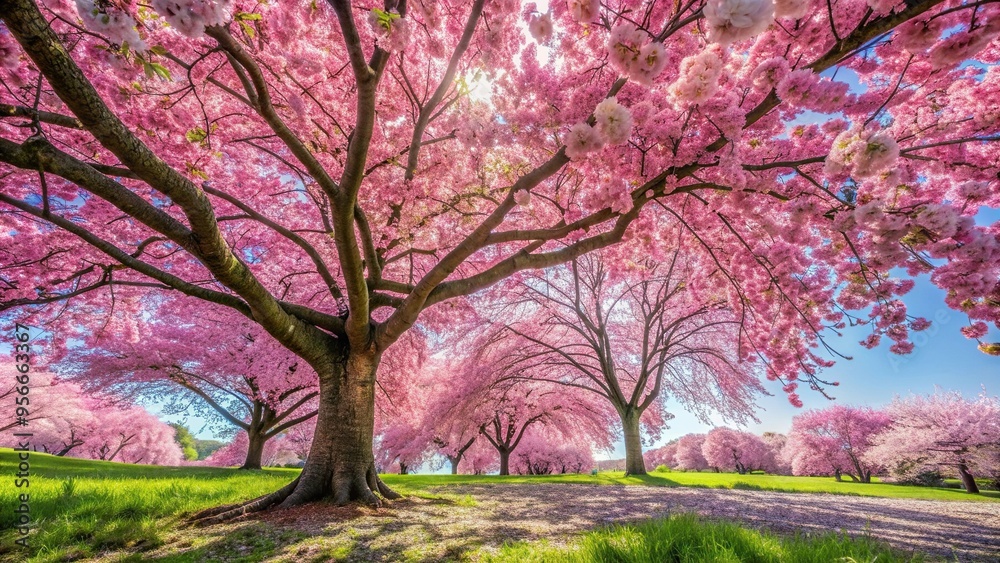 Cherry tree in full bloom with pink flowers, as seen from a low angle on the ground, early spring, beauty,Cherry tree, new beginnings, vibrant, Japanese cherry, bloom, worm's eye view Cherry tree in full bloom with pink flowers, as seen from a low angle on the ground, early spring, beauty,Cherry tree, new beginnings, vibrant, Japanese cherry, bloom, worm's eye view