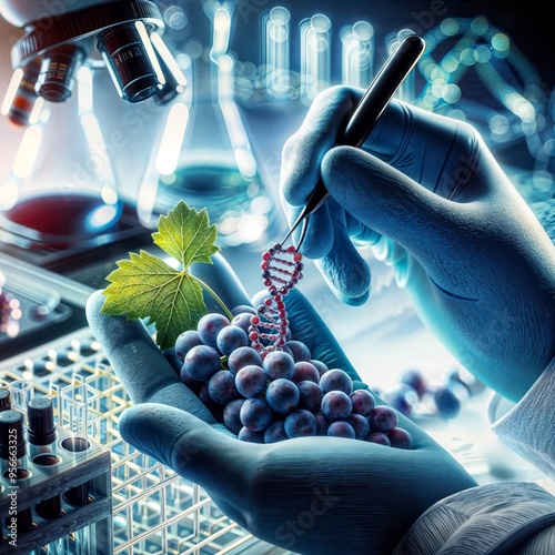 Grape dna engineering. Gloved hands hold a bunch of grapes and a dna strand against a laboratory background.