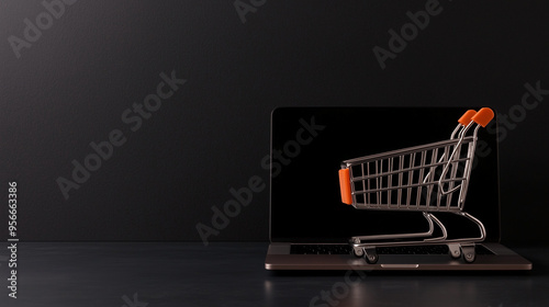 Black Friday Cyber monday orange shopping cart on open laptop with copy space for text,  online marketing concept for e-commerce and business photo