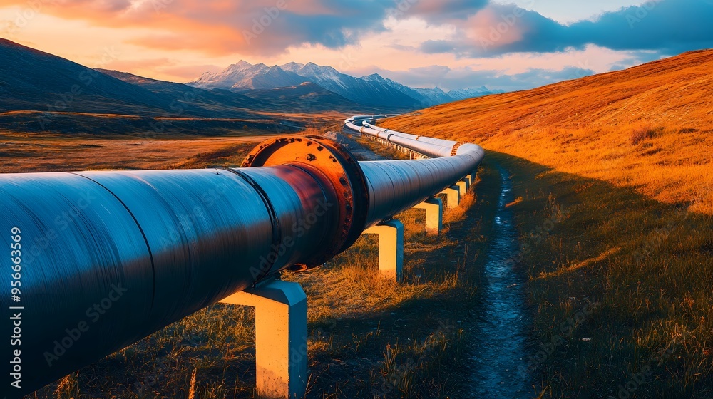 A long line of black pipes with a sunset in the background. The sunset is orange and red A long line of black pipes with a sunset in the background. The sunset is orange and red