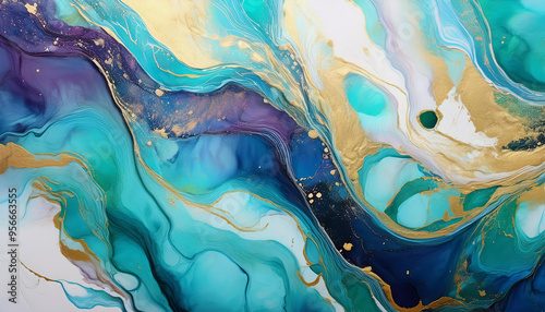 Abstract background with swirling blue, green, white and gold paints blending together