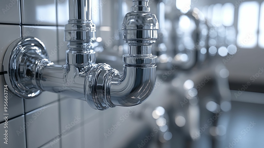 Close-up of Shiny Chrome Plumbing Pipes and Fittings Close-up of Shiny Chrome Plumbing Pipes and Fittings