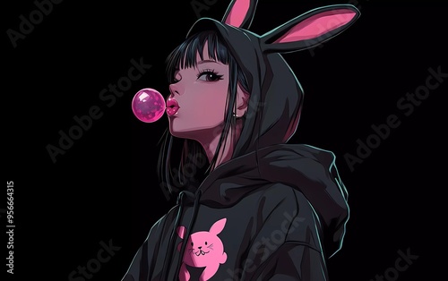 An anime-style portrait of a girl wearing a black hoodie with rabbit ears, a bunny logo on the chest, blowing a pink bubble gum, posing against a black background photo