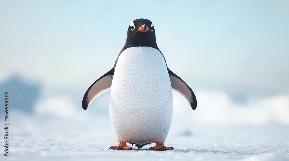 Fototapeta premium A charming penguin standing on the snowy ice, showcasing its unique features and playful demeanor in a serene landscape.