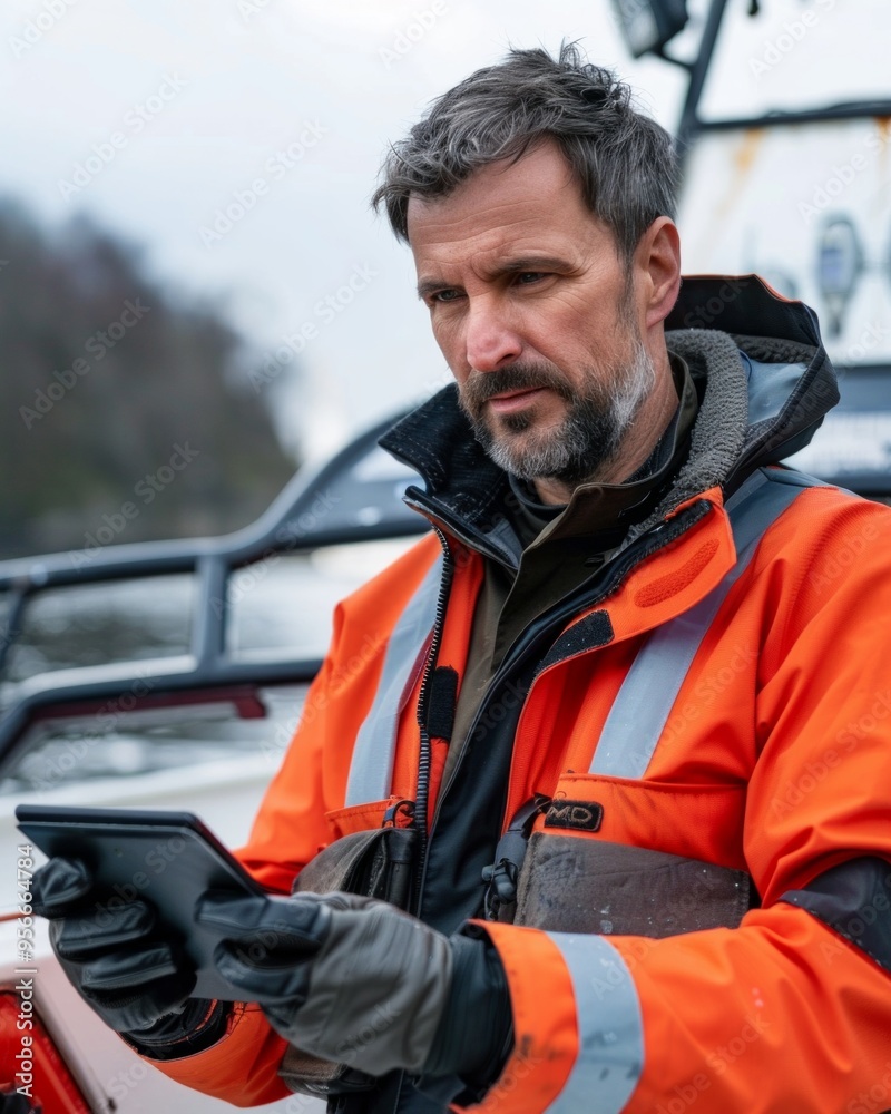 Skipper uses tablet computer for navigation. sailing, technology, tourism, travel and people concept Skipper uses tablet computer for navigation. sailing, technology, tourism, travel and people concept