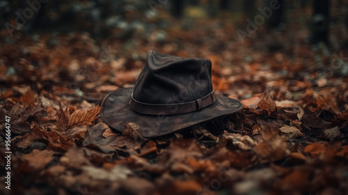 vintage hat resting on a bed of colorful autumn leaves