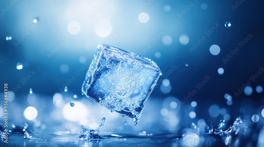 A captivating ice cube splashes into water, creating an enchanting display of droplets and shimmering reflections in blue tones. A captivating ice cube splashes into water, creating an enchanting display of droplets and shimmering reflections in blue tones.
