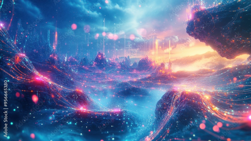 Abstract Futuristic Landscape with Glowing Lines and Particles - Digital Art Background