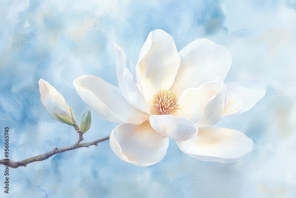 Obraz premium White Magnolia Flower Watercolor Painting with Blue Background.