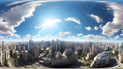 Complete 360-degree smooth spherical view The Daytime Big City Future Sky is projected equirectangularly using HDRI. Map of the lighting and environment texture