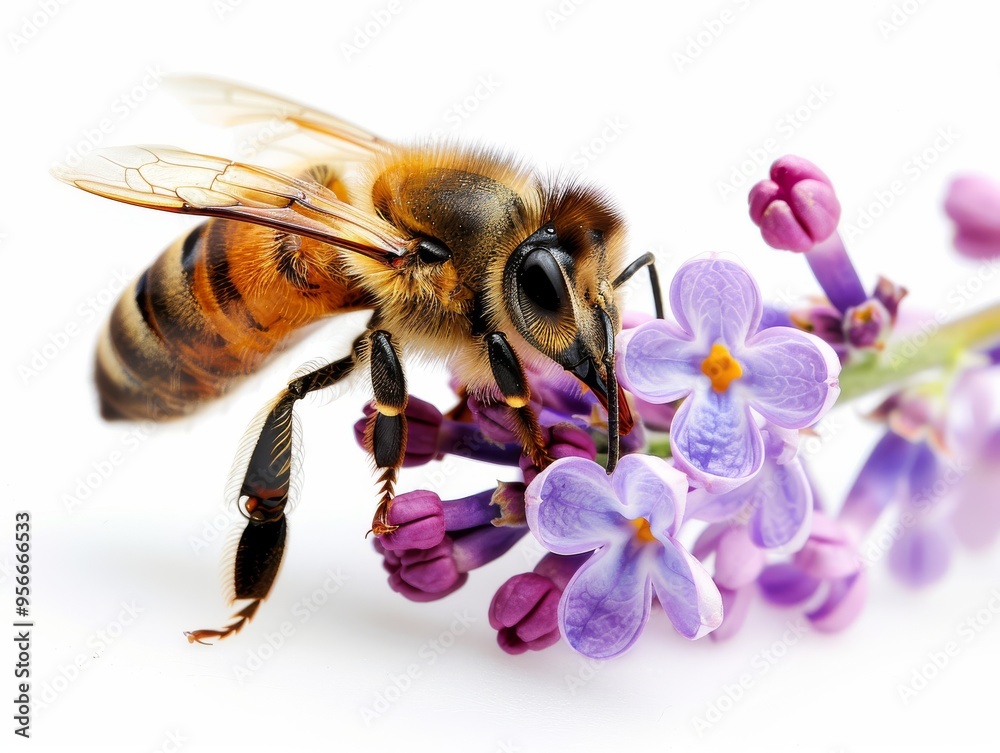 A honeybee collecting nectar from a pink azalea bloom on a white background A honeybee collecting nectar from a pink azalea bloom on a white background