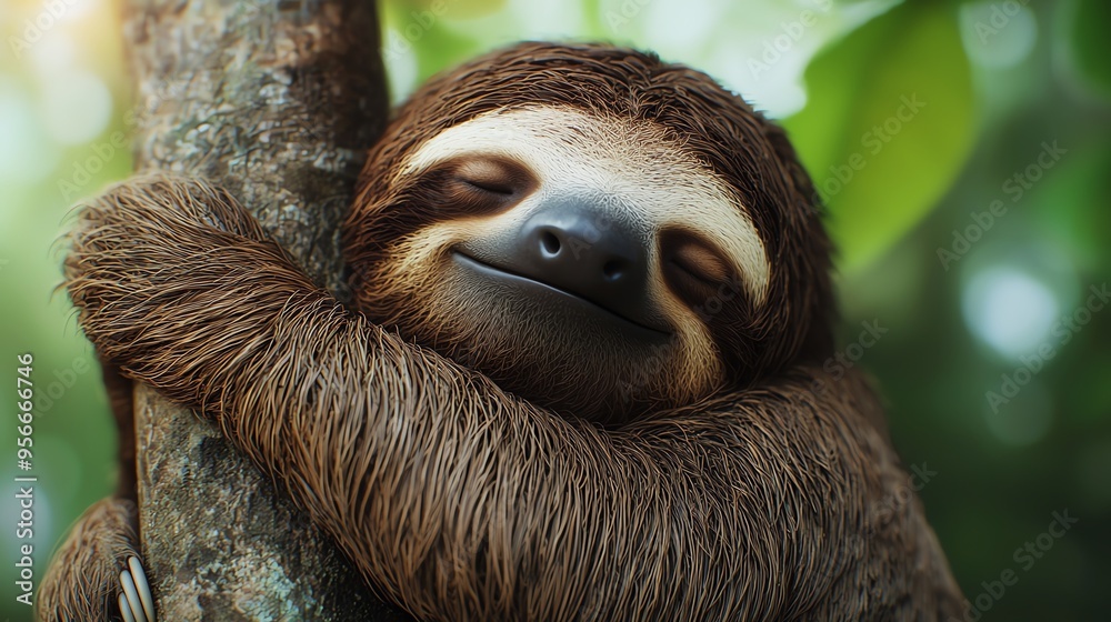 Fototapeta premium A cute sloth peacefully hugging a tree branch, embodying tranquility in a lush green environment. Ideal for nature-themed projects.