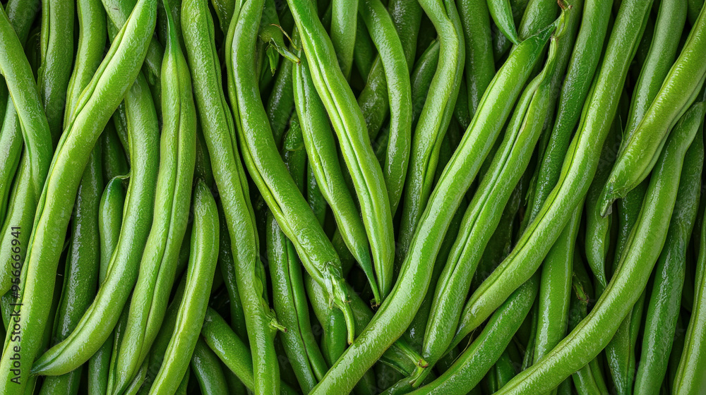 Fresh green beans piled together in a vibrant display Fresh green beans piled together in a vibrant display